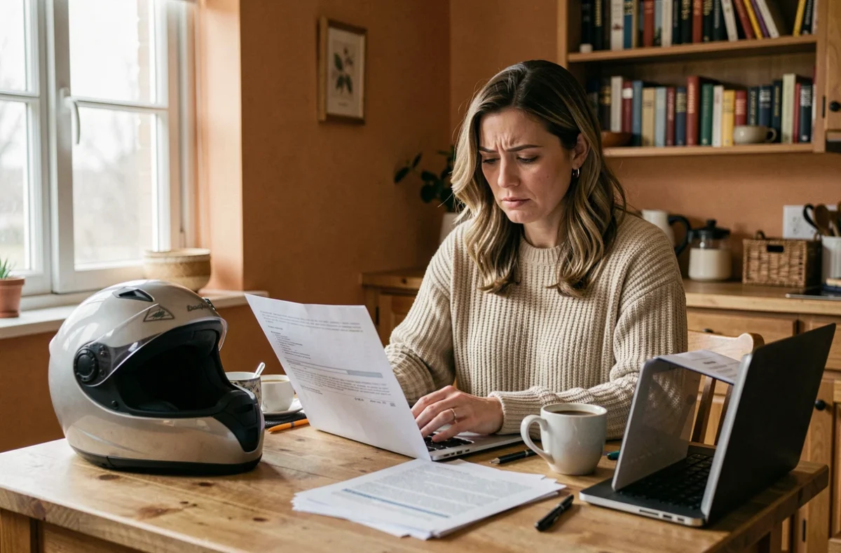Femme comparant les tarifs d'assurance scooter sur son ordinateur portable avec des documents papier