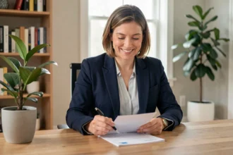 Femme consultant son contrat d'assurance auto pour comprendre le bonus maximal