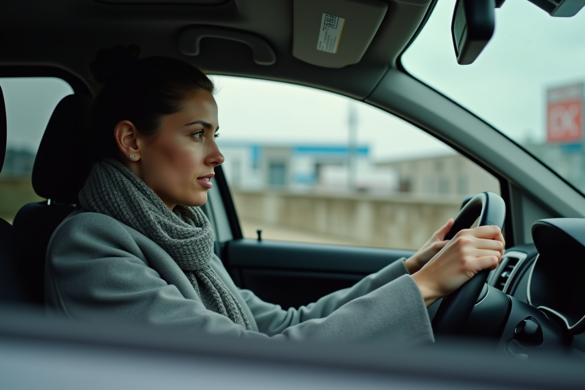 Jeune femme dans sa voiture lors d’un contrôle technique en ville
