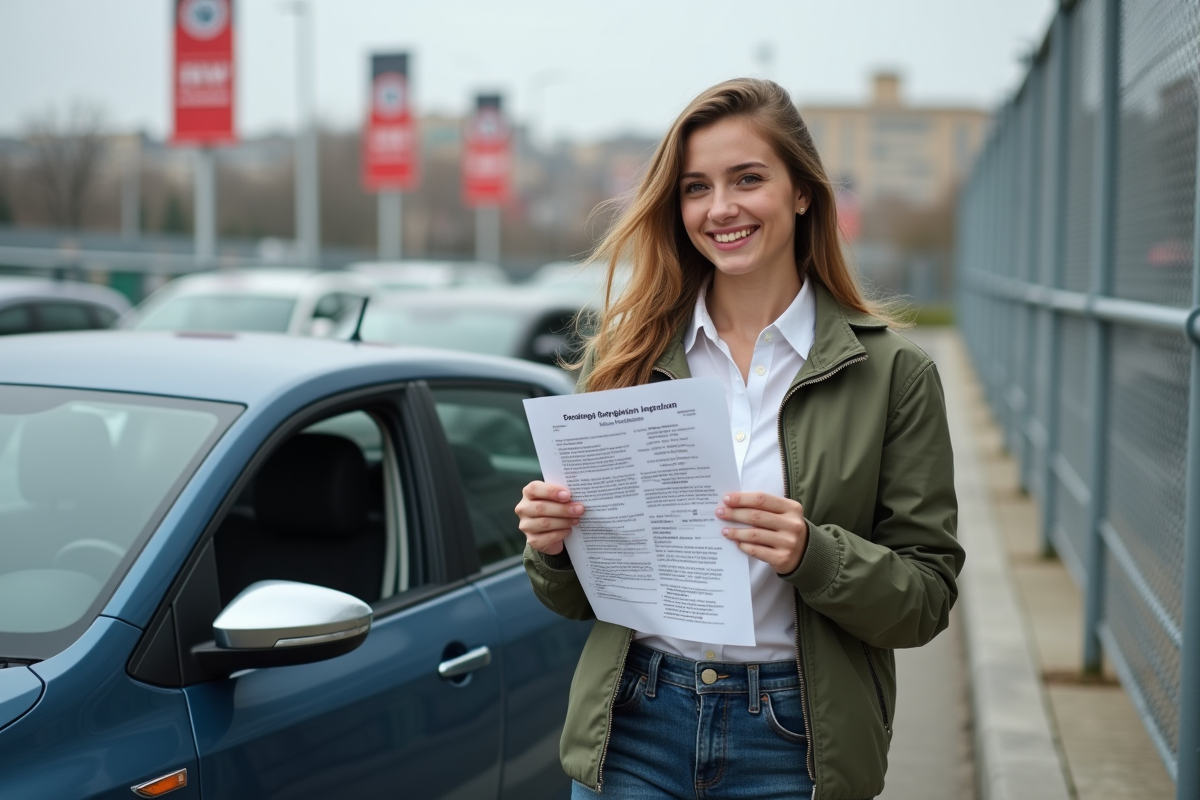 Jeune femme souriante tenant ses documents de contrôle technique