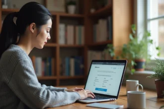 Femme utilisant un convertisseur miles en kilomètres par heure sur un ordinateur portable dans un bureau à domicile