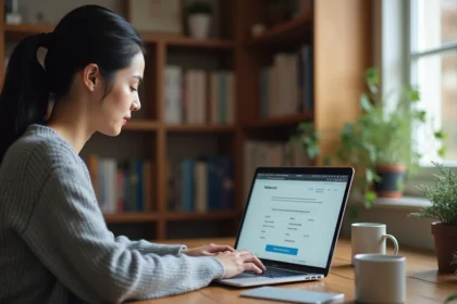 Femme utilisant un convertisseur miles en kilomètres par heure sur un ordinateur portable dans un bureau à domicile