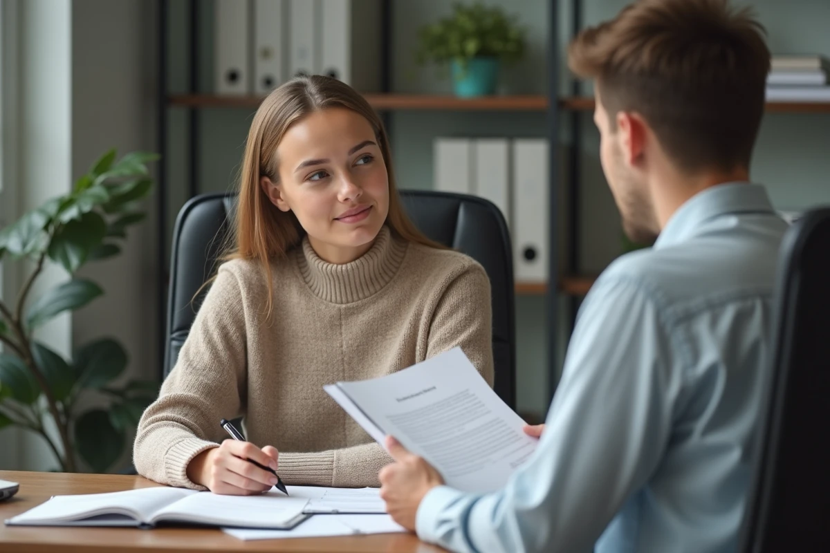 Jeune femme discutant avec un agent d