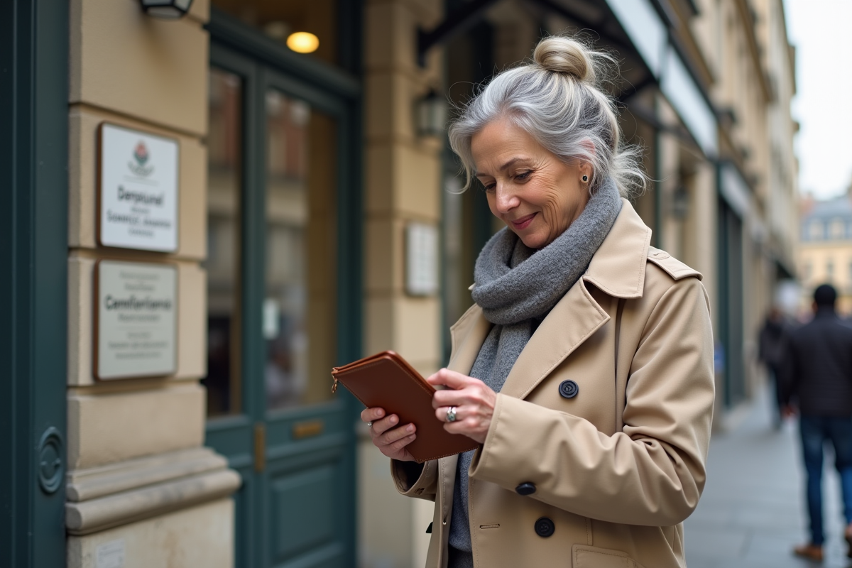 Femme française rangeant son permis dans un portefeuille