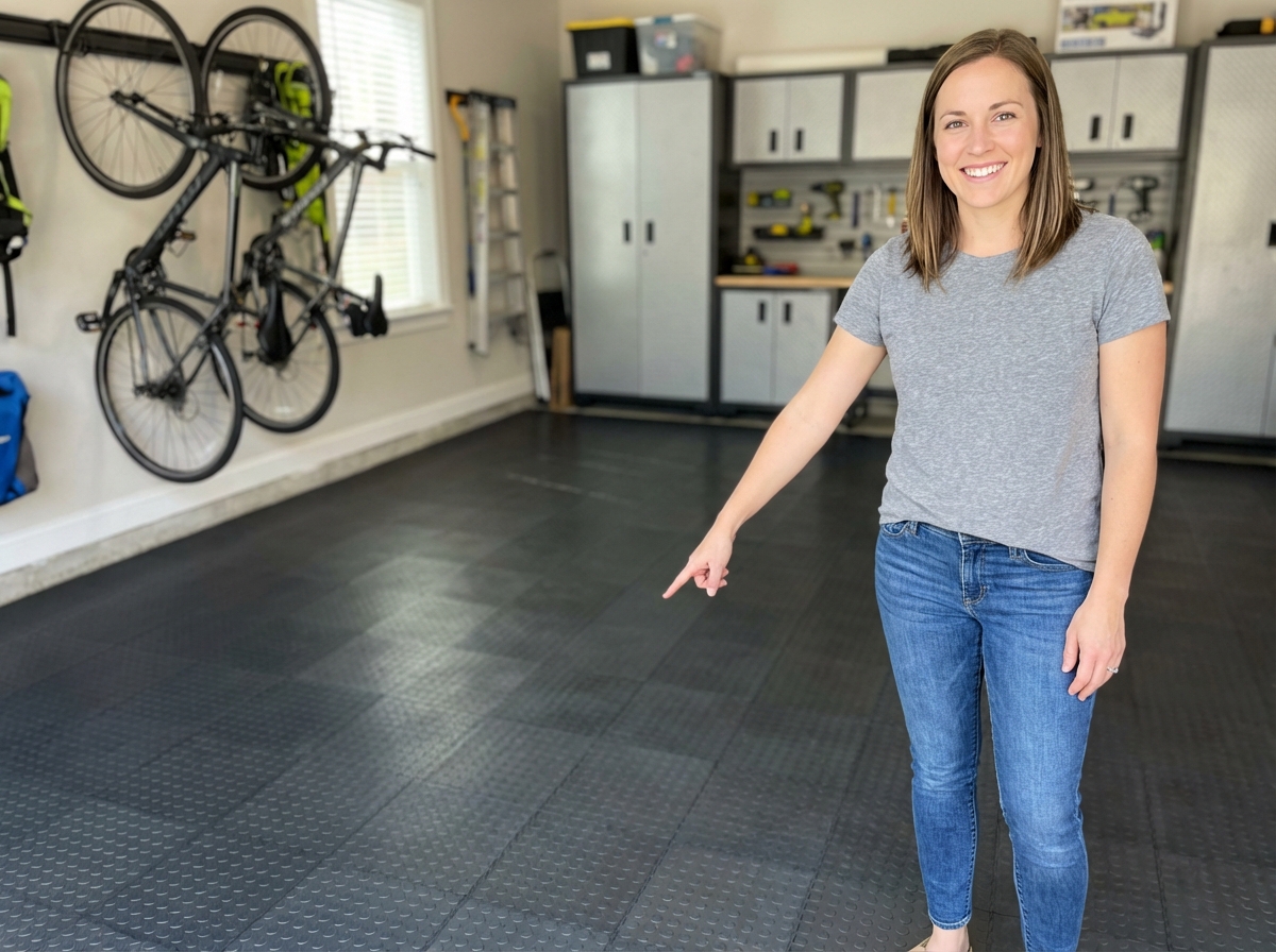 Jeune femme montrant un sol modulaire dans son garage