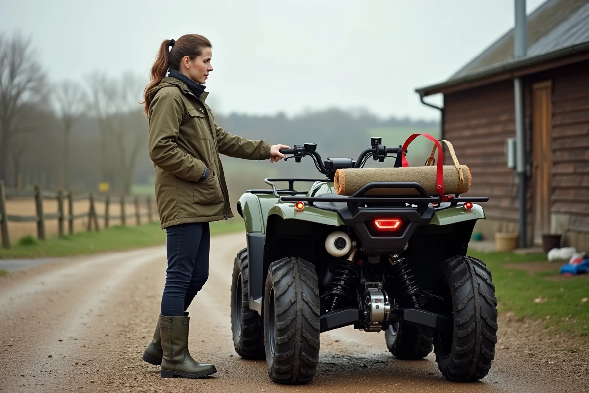 Femme inspectant un quad électrique chargé d