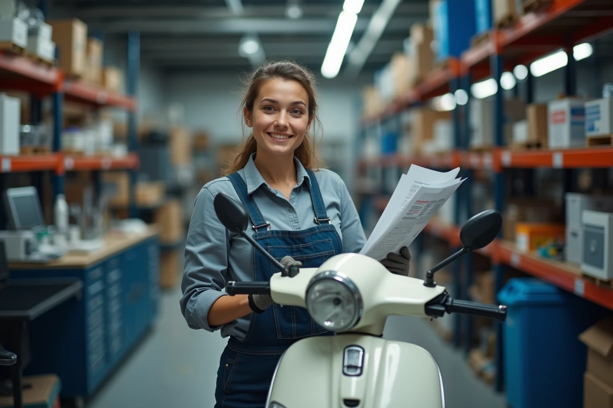 Femme mécanicienne avec scooter dans un garage organisé