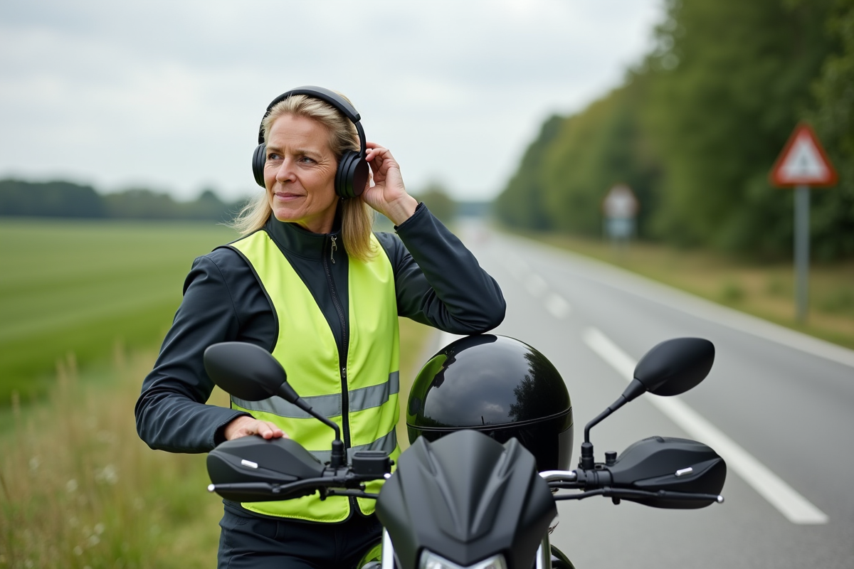 Femme motarde en pause dans la campagne