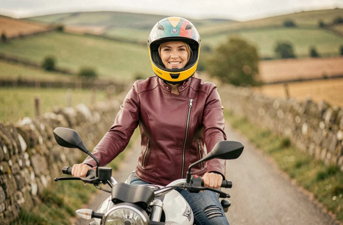 Jeune femme motarde assise sur une moto A2 sur une route de campagne avec collines en arrière-plan