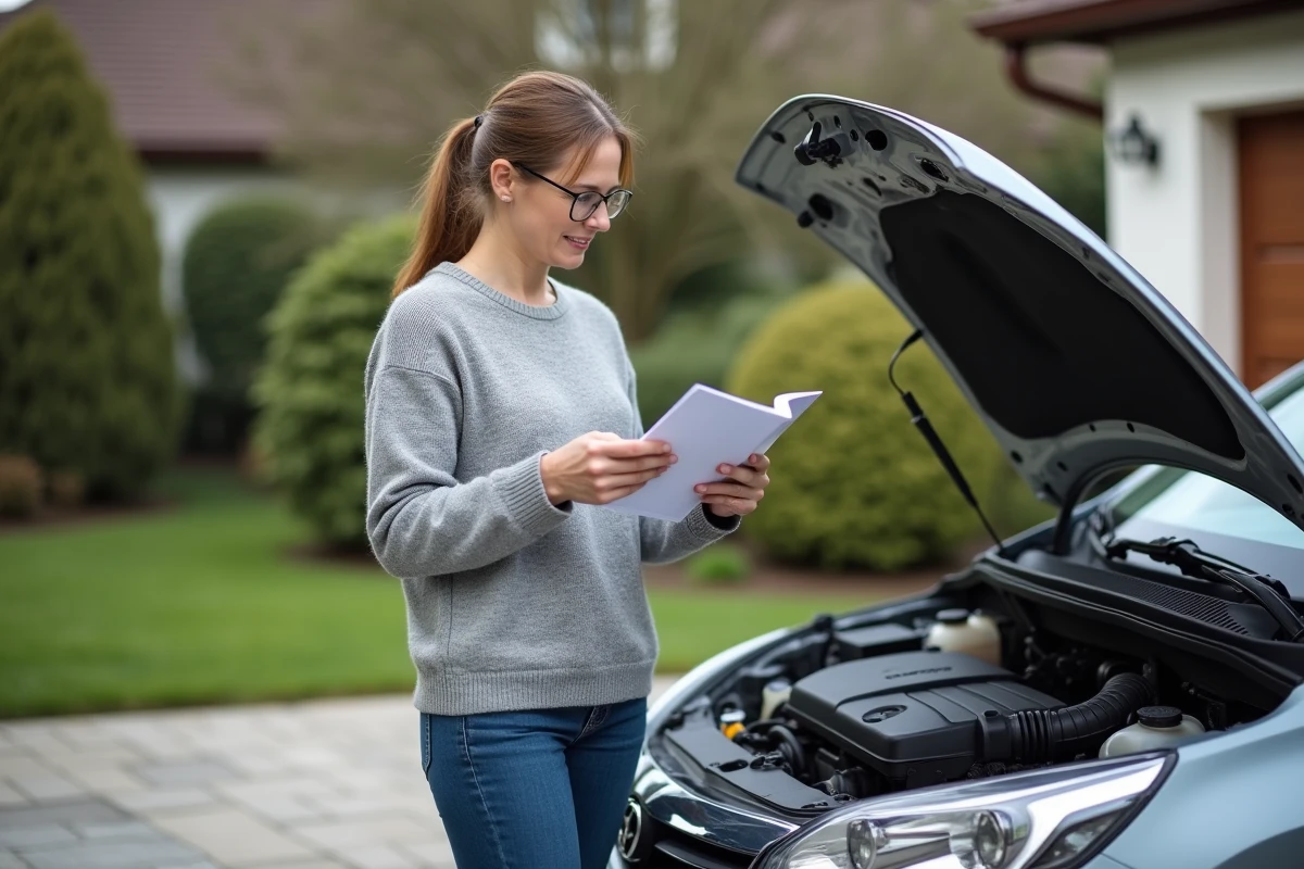Femme vérifie le reservoir de frein sous le capot de la voiture