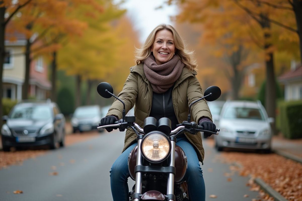 Femme souriante sur une moto 50cc en banlieue