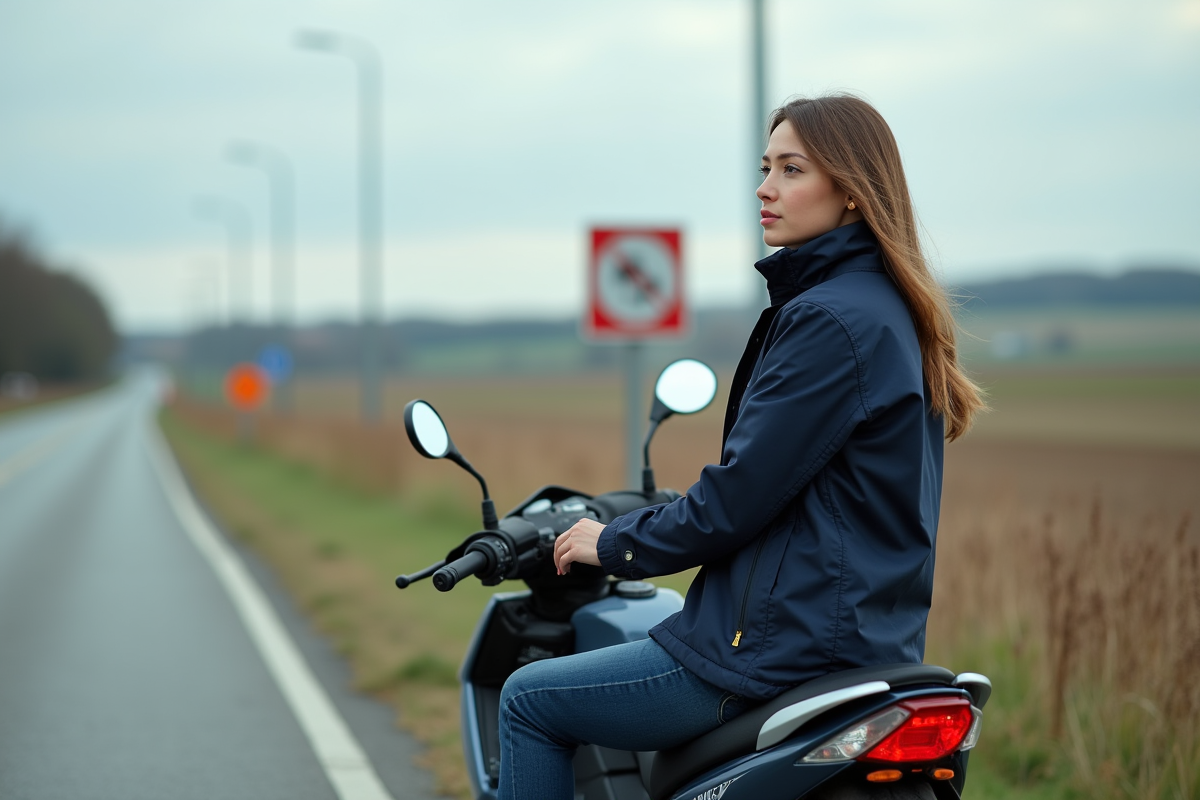Femme en moto stationnaire sur une route de campagne