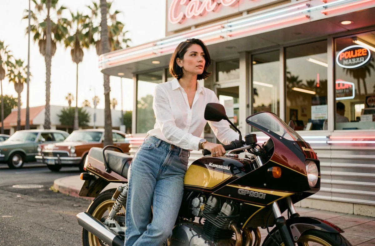 Femme appuyée contre une moto Kawasaki de Top Gun devant un diner américain vintage avec enseignes néon