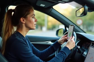 Femme consultant un itinéraire Mappy sur smartphone monté dans une voiture en France avec affichage du coût du trajet