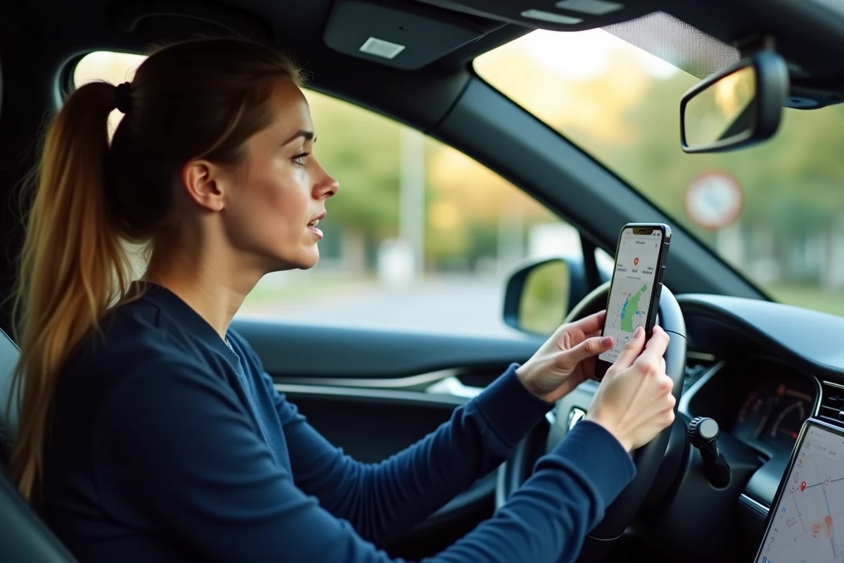 Femme consultant un itinéraire Mappy sur smartphone monté dans une voiture en France avec affichage du coût du trajet