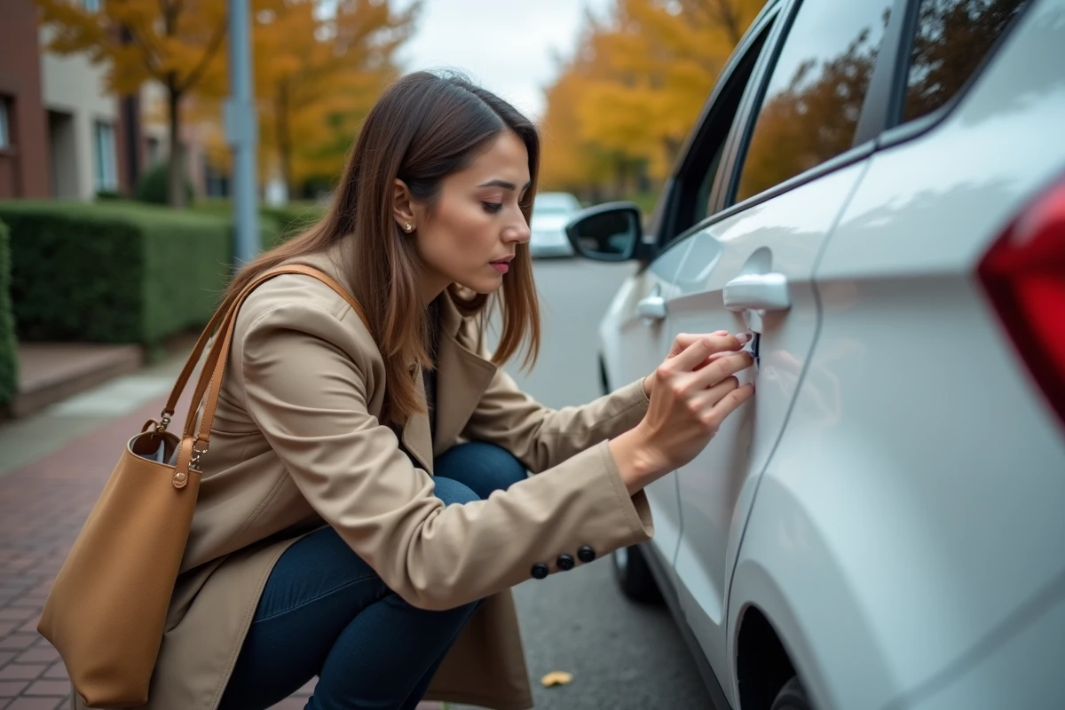 Femme tentant d'ouvrir sa voiture verrouillée avec un outil de déblocage de porte en attendant le dépanneur