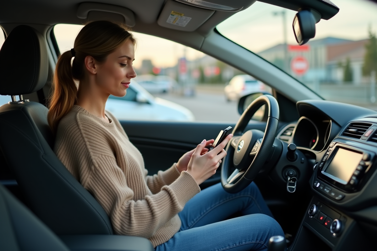 Femme utilisant son smartphone pour payer une amende dans sa voiture