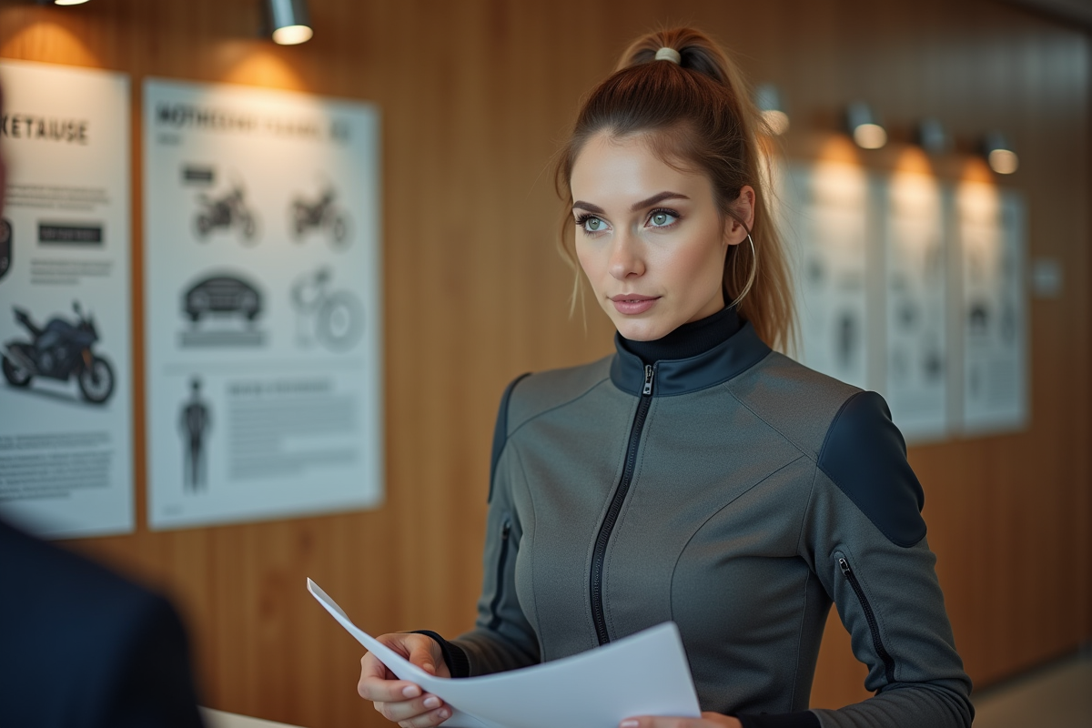Jeune femme vérifiant documents de permis moto au guichet