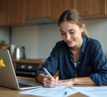 Jeune femme remplissant papiers de voiture dans sa cuisine