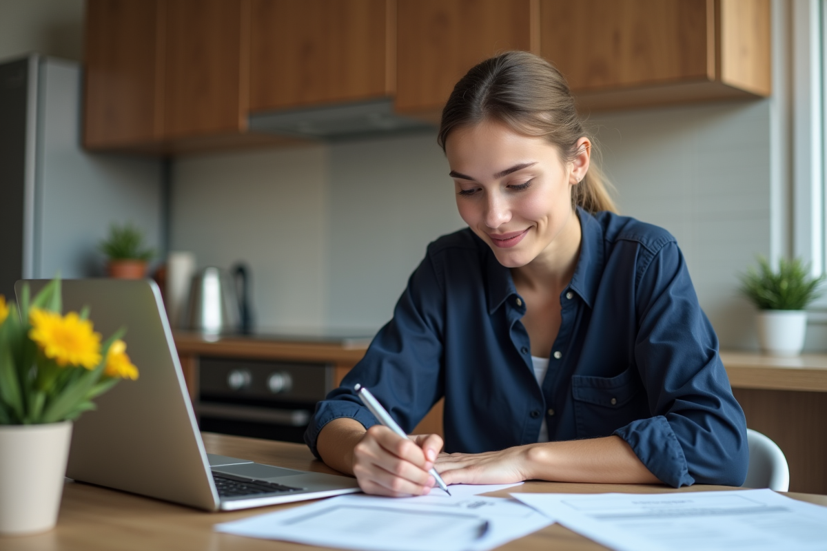 Jeune femme remplissant papiers de voiture dans sa cuisine