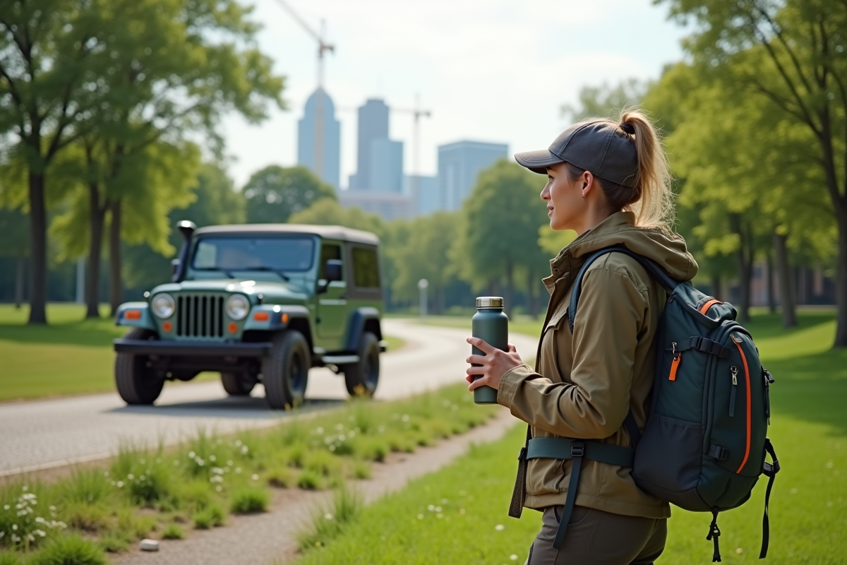 Jeune femme avec un SUV dans un parc urbain