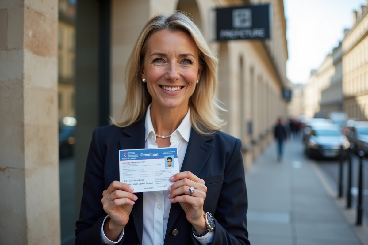 Femme souriante avec permis devant la préfecture