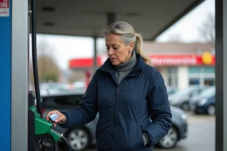 Femme faisant le plein à une station-service Intermarché et consultant le prix de l'essence à la pompe
