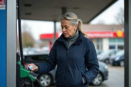 Femme faisant le plein à une station-service Intermarché et consultant le prix de l'essence à la pompe