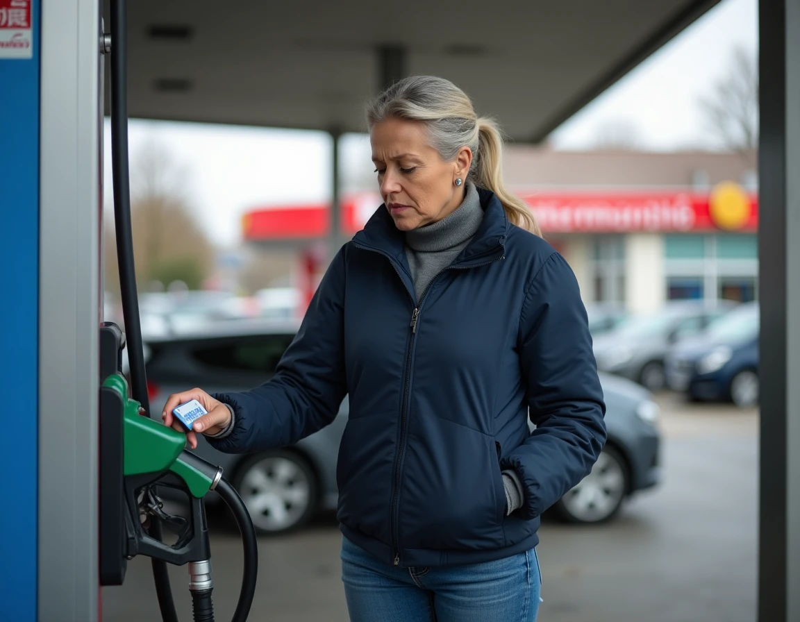 Femme faisant le plein à une station-service Intermarché et consultant le prix de l'essence à la pompe