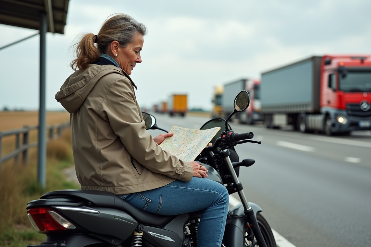 Femme avec carte à la halte autoroute en voyage moto