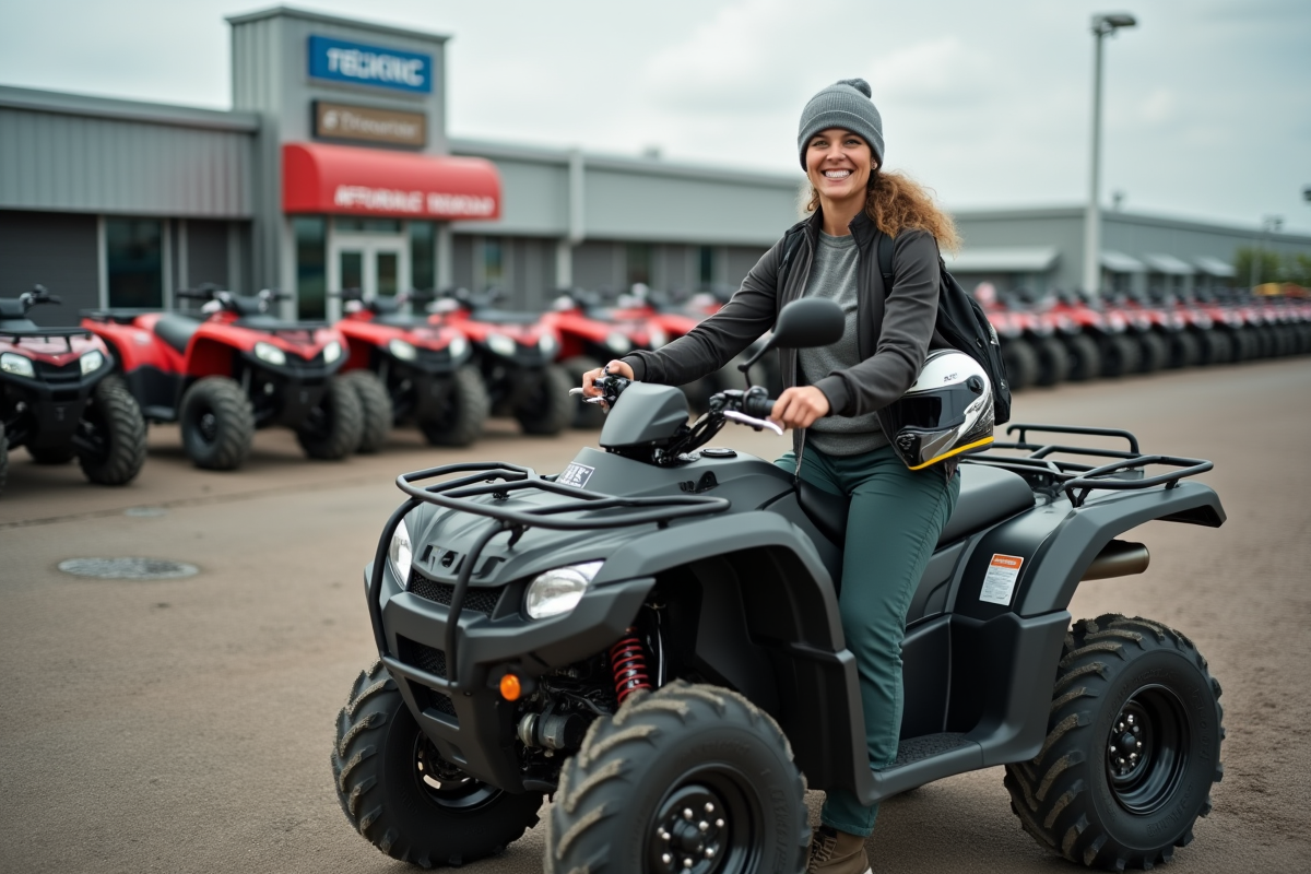 Femme souriante près d’un quad dans un concessionnaire