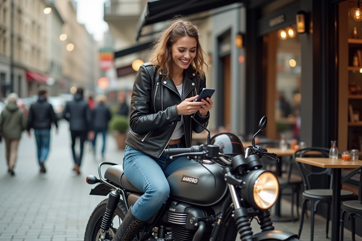 Jeune femme souriante avec sa moto en ville