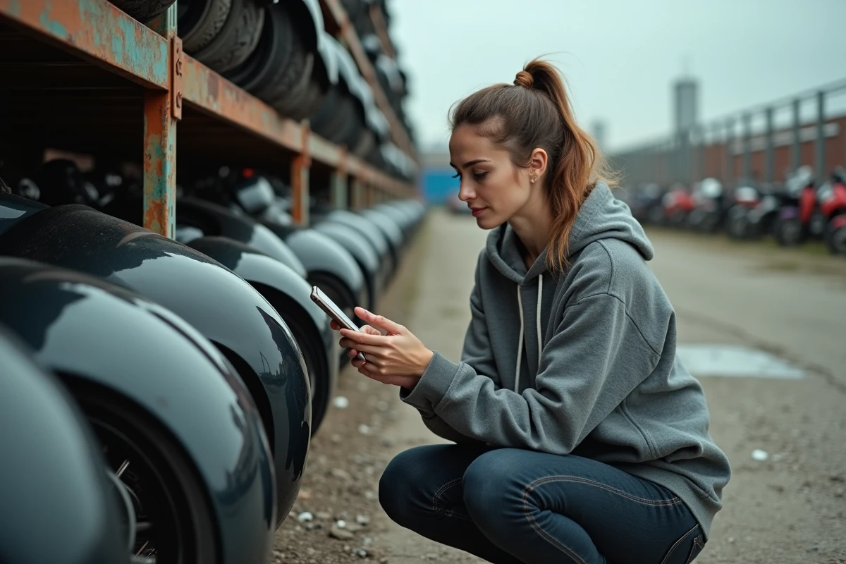 Femme cherchant une pièce de carrosserie de moto dans une casse moto en France