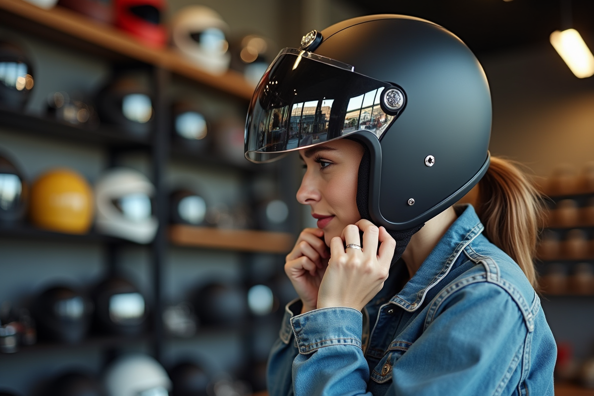 Femme vérifiant son casque dans un magasin de moto