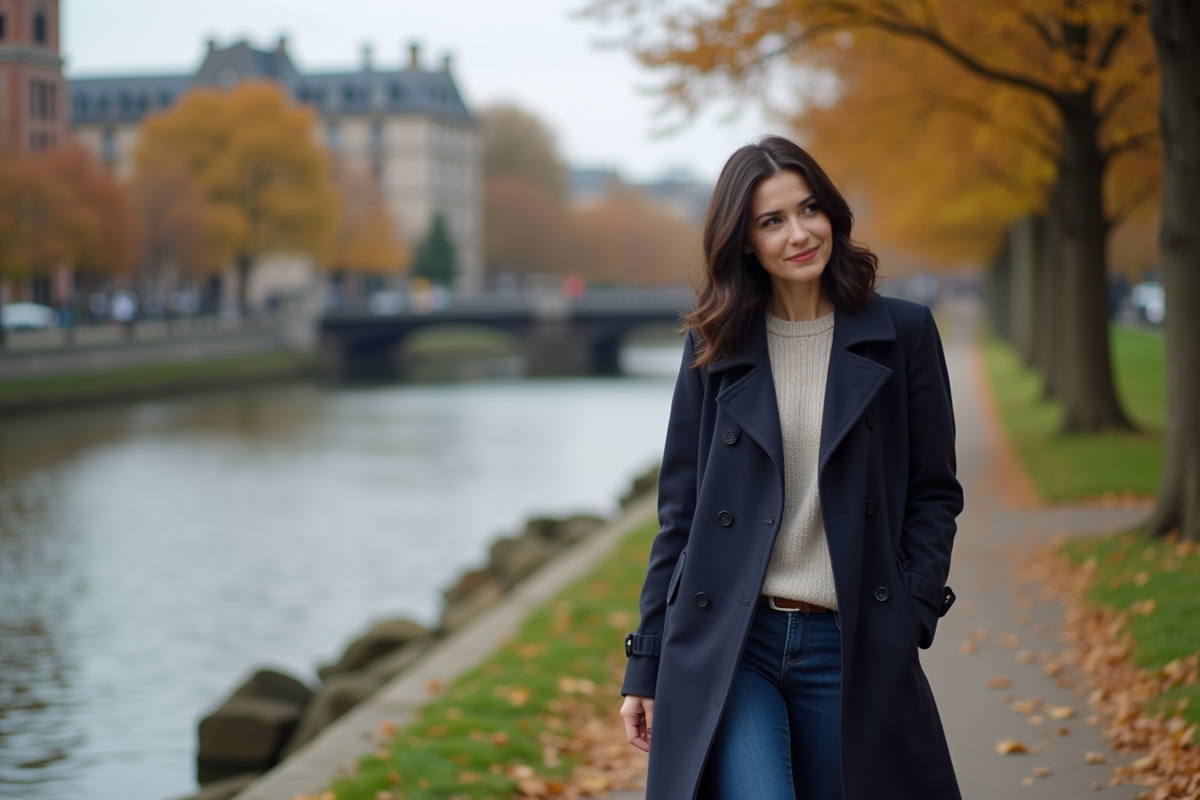 Femme marchant au bord de la rivière avec un trench bleu foncé
