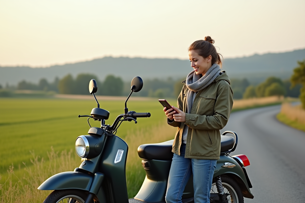 Femme vérifiant son téléphone à côté de sa moto en campagne