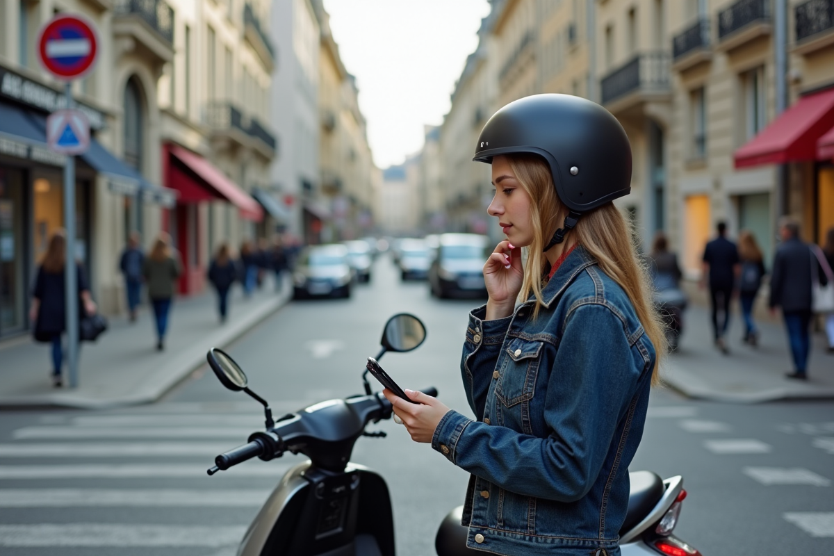 Jeune femme à scooter en ville regardant son téléphone