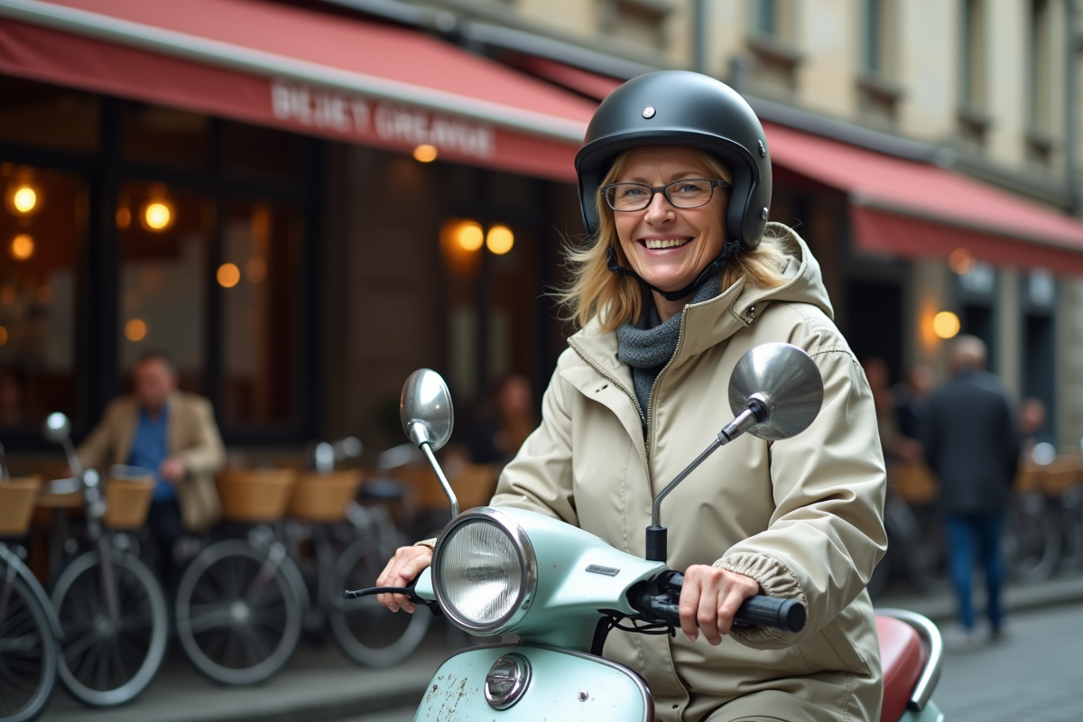 Femme sur un scooter électrique dans une rue urbaine animée