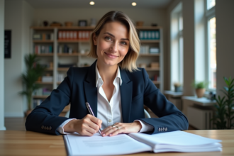 Femme signant des contrats dans un bureau moderne