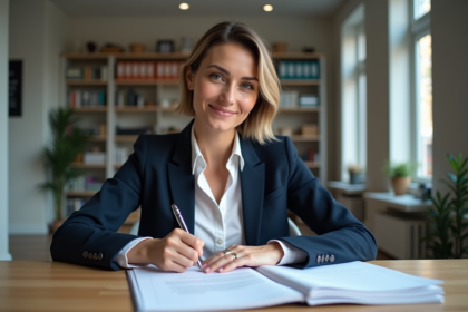 Femme signant des contrats dans un bureau moderne
