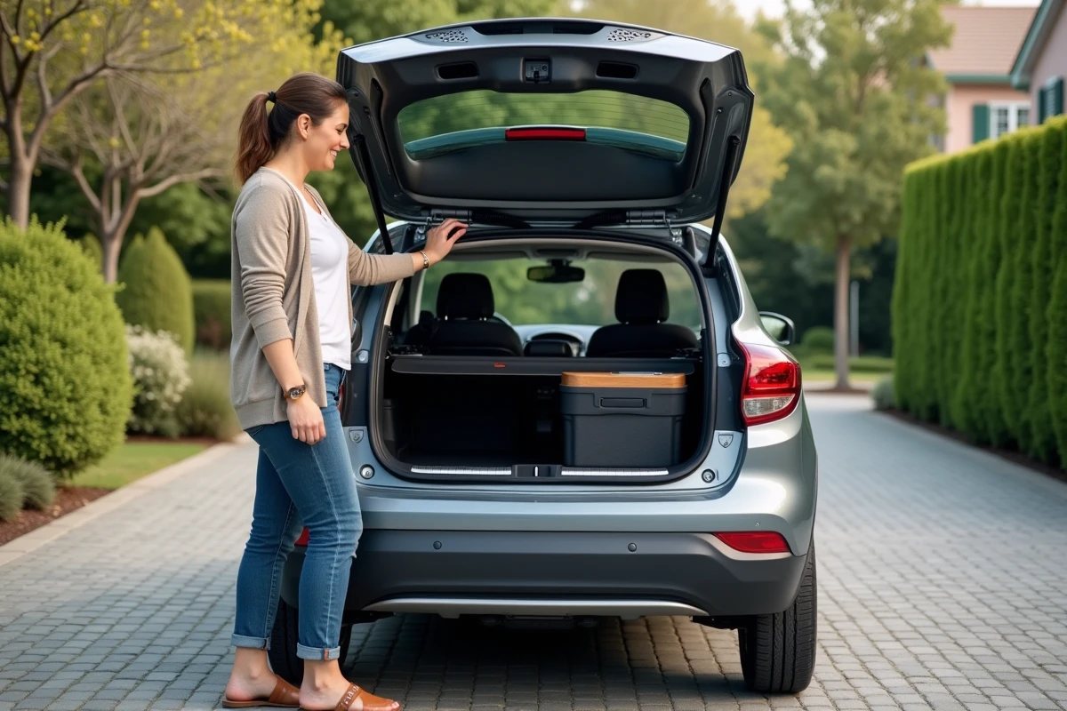 Femme montrant un compartiment cache dans le coffre d'une voiture