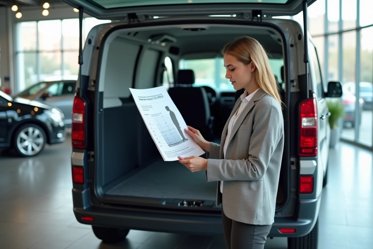 Femme regardant un diagramme de hauteur de van dans un showroom