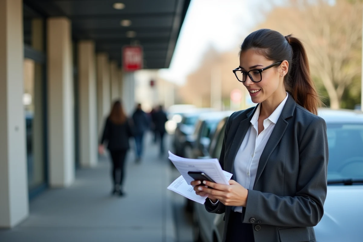 Jeune femme avec documents et smartphone devant une mairie