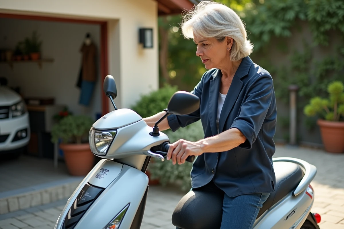 Femme vérifiant tableau de bord scooter dans jardin