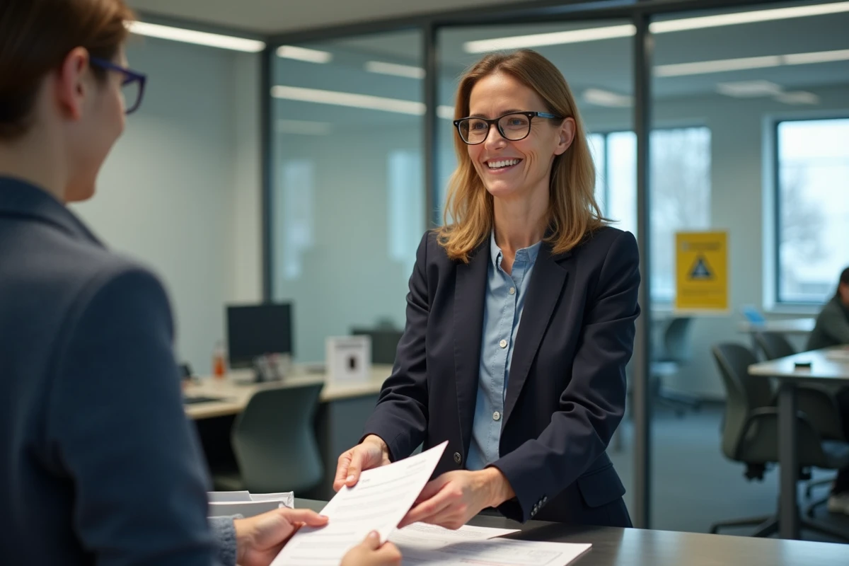 Femme souriante remettant un permis 2026 à un agent administratif