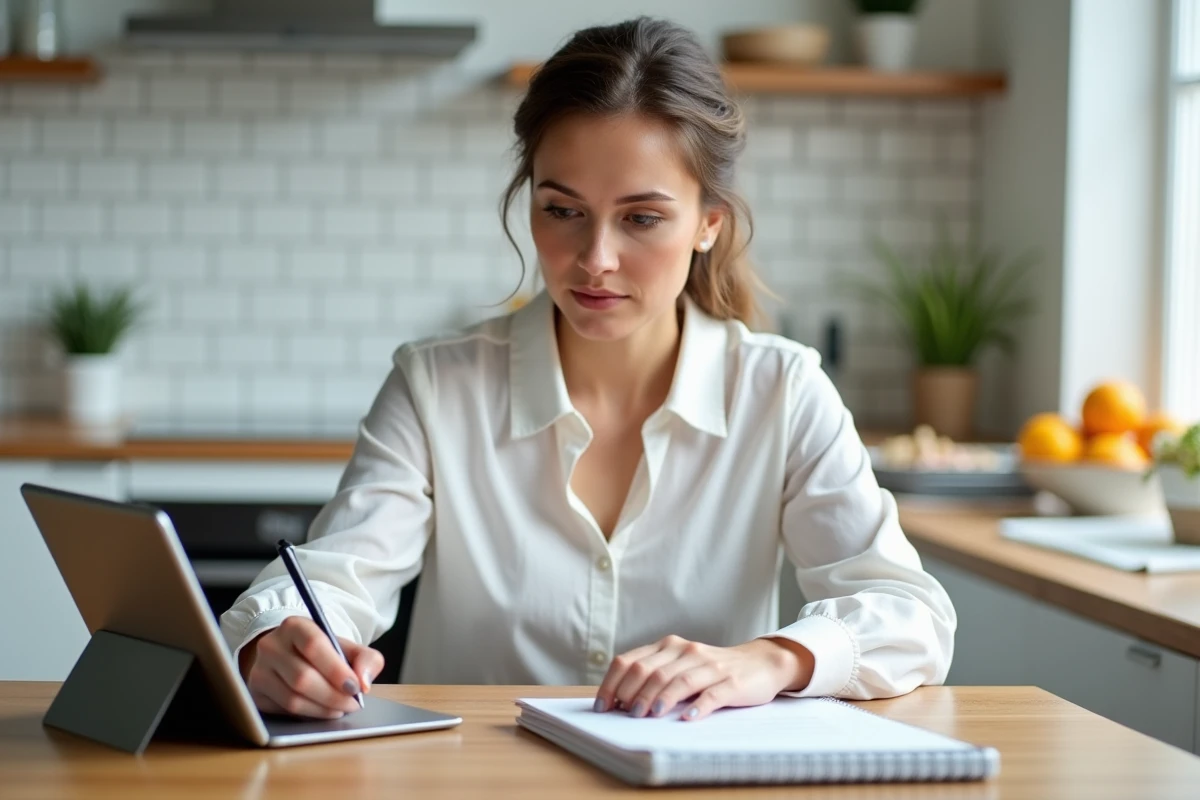 Femme révisant une liste de vérifications PDF pour le permis de conduire sur une tablette dans une cuisine moderne avec un carnet de notes