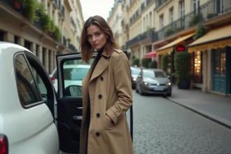 Femme hésitante devant une voiture compacte blanche dans une rue parisienne pavée