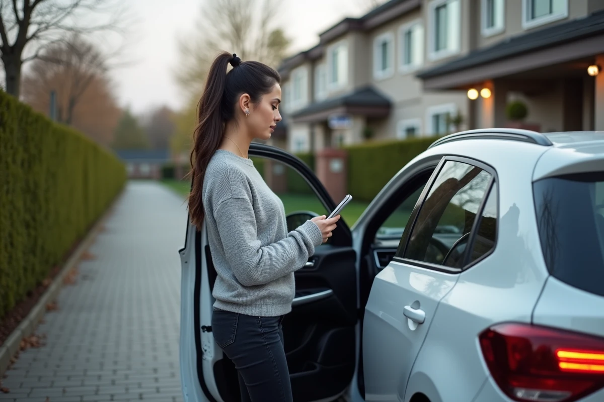 Jeune femme vérifie le tableau de bord de sa voiture