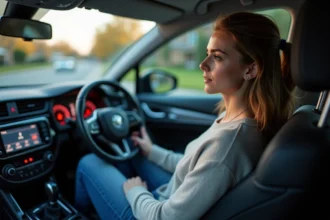 Jeune femme examine le tableau de bord d'une voiture