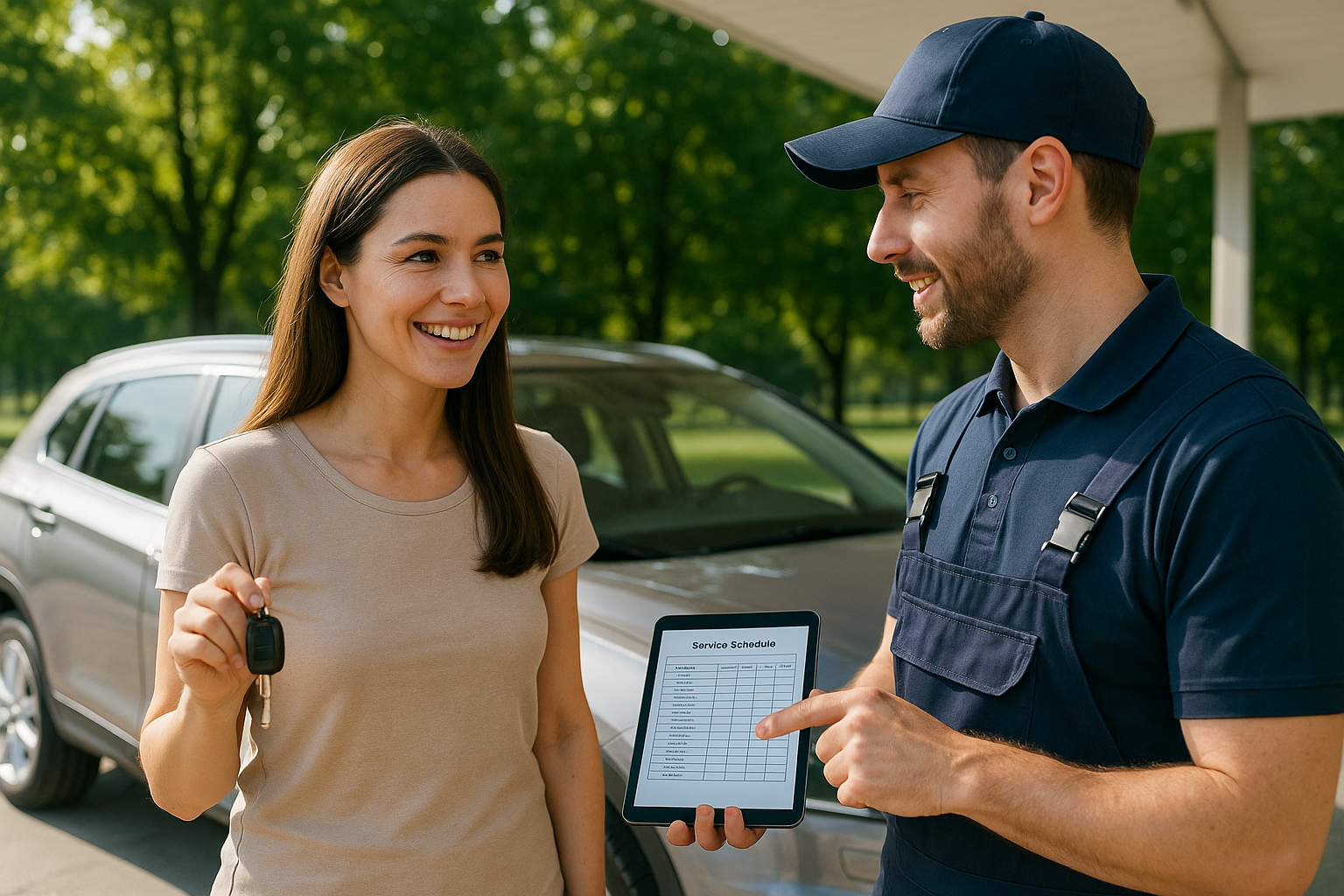 Femme avec clés devant sa voiture parlant à un technicien